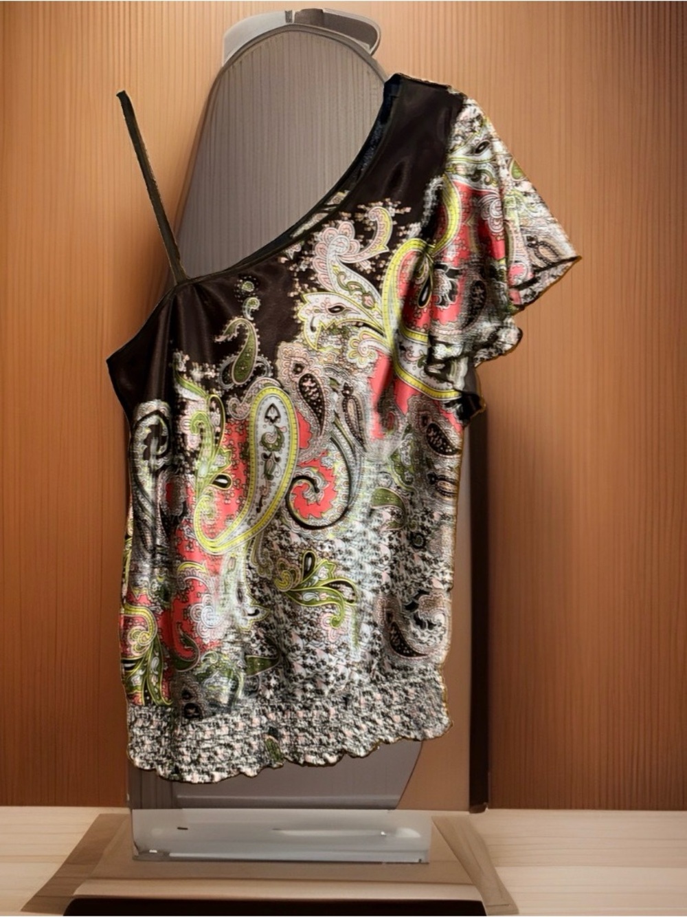 A. Byer One-Shoulder Paisley Camisole - Black, Coral & tres xx